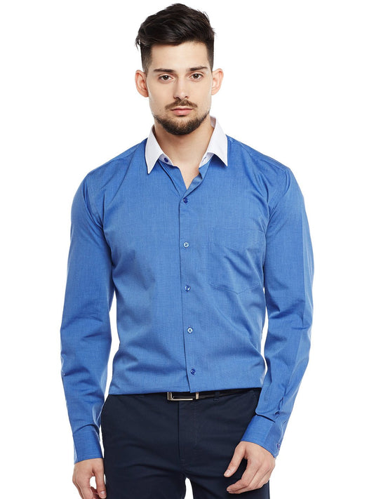 Men Royal Blue & White Solid Pure Cotton Pure Cotton Slim Fit Formal Shirt - #folk republic#