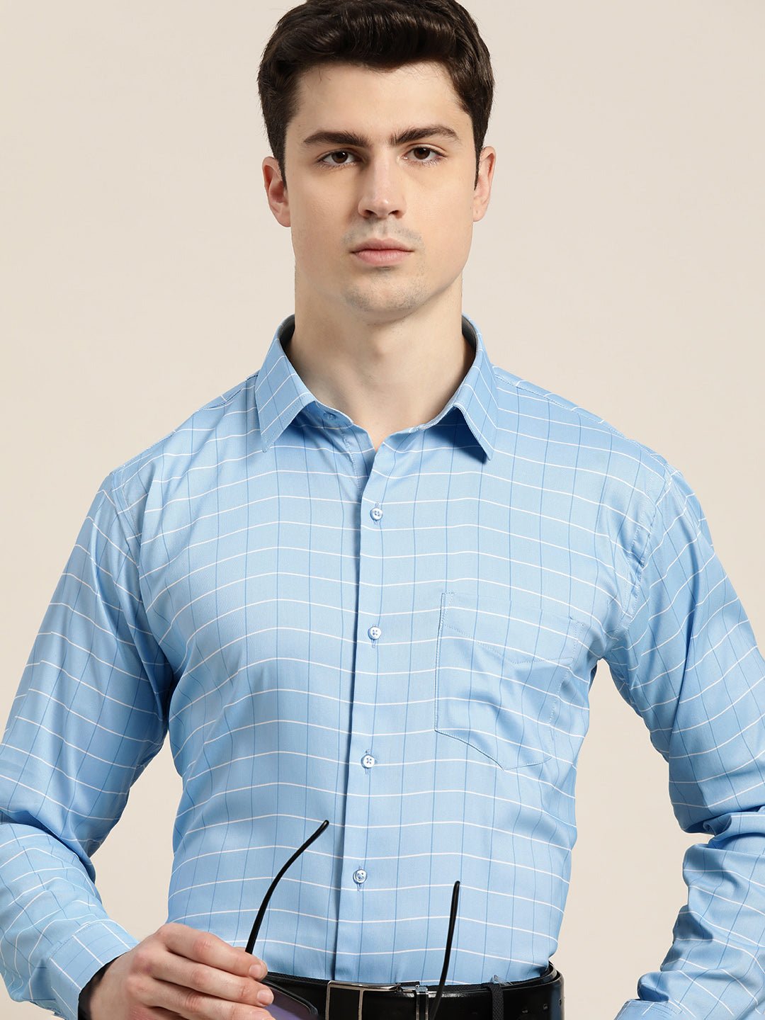 Men Sky Blue Checks Pure Cotton Slim fit Formal Shirt - #folk republic#