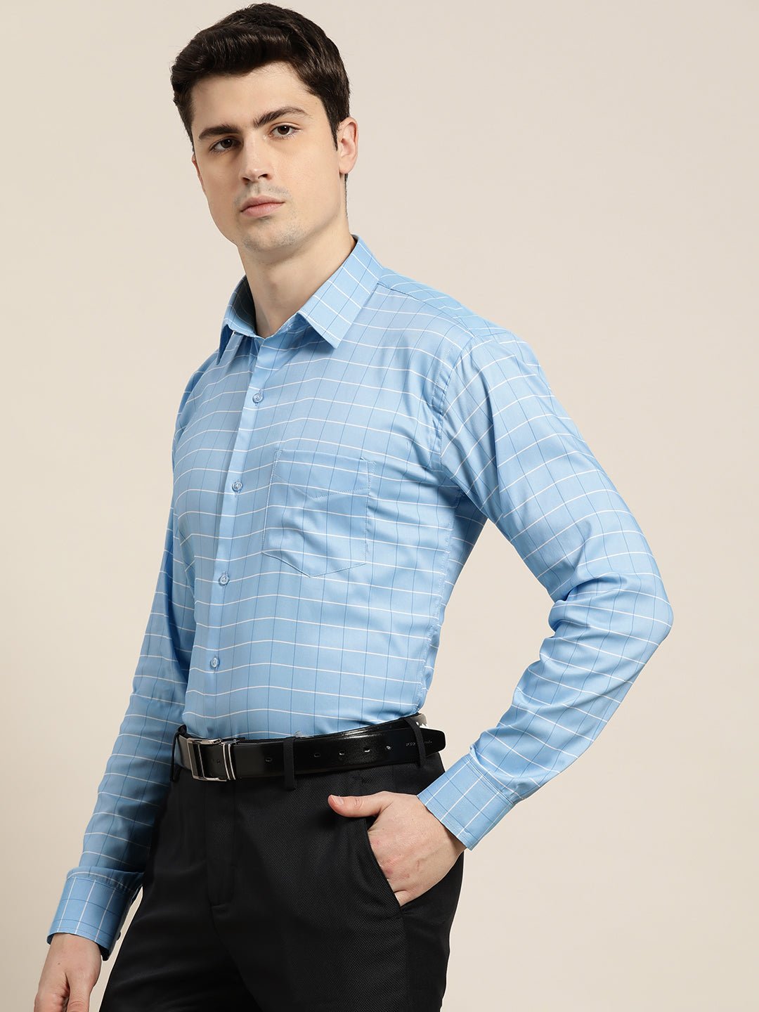 Men Sky Blue Checks Pure Cotton Slim fit Formal Shirt - #folk republic#