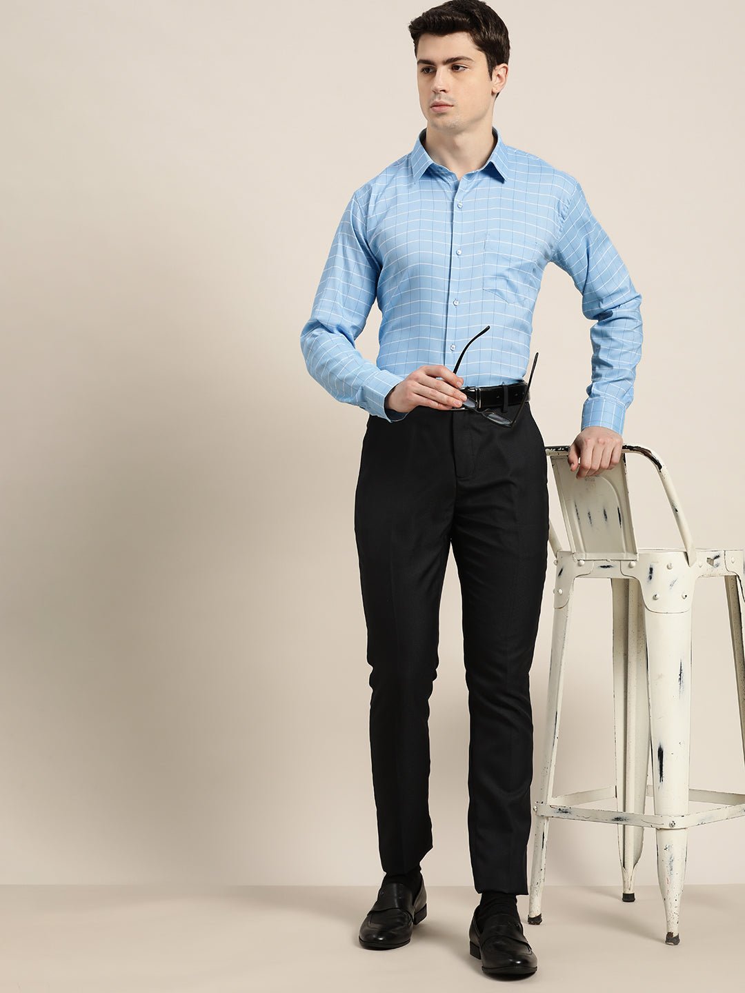 Men Sky Blue Checks Pure Cotton Slim fit Formal Shirt - #folk republic#