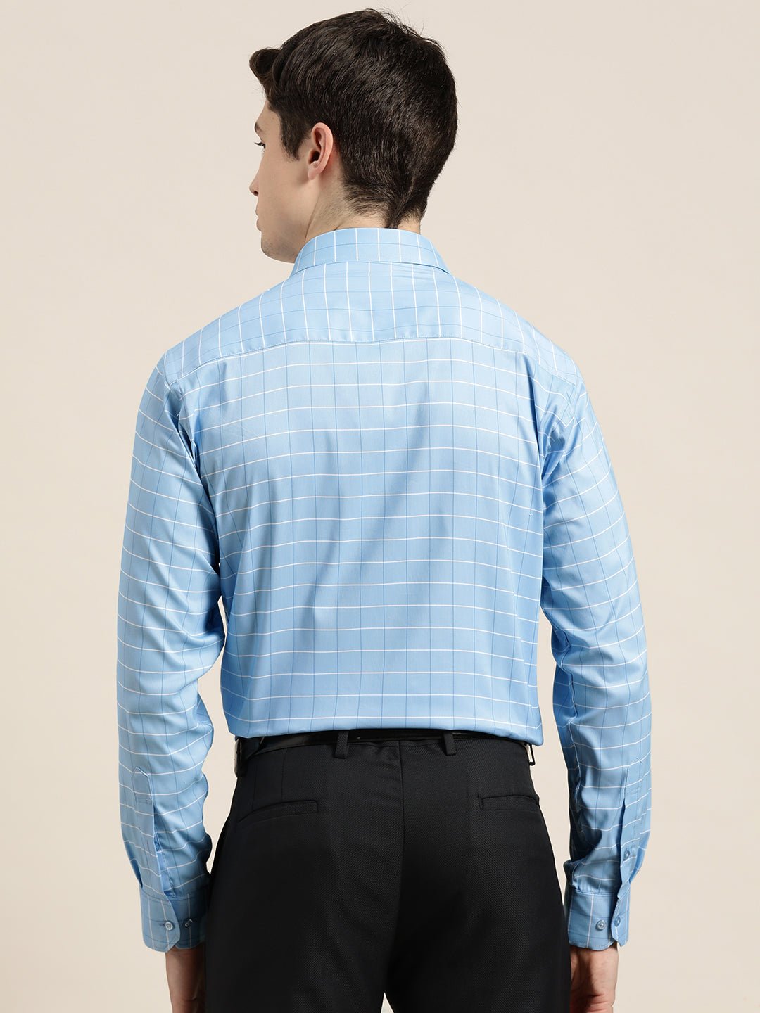 Men Sky Blue Checks Pure Cotton Slim fit Formal Shirt - #folk republic#