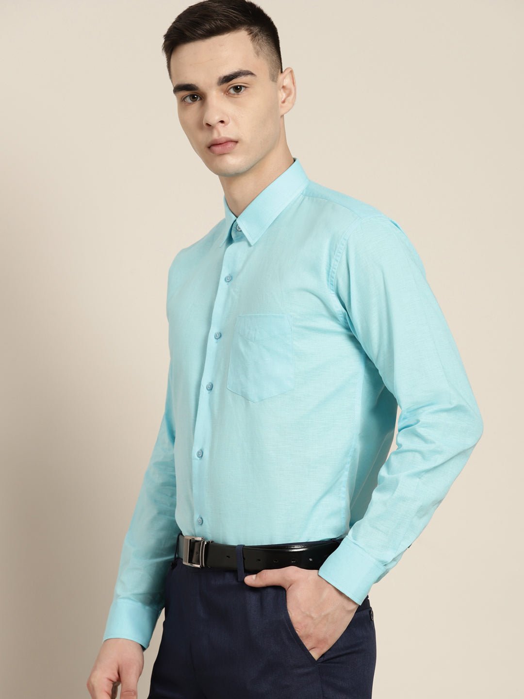 Men Sky Blue Solid Linen Cotton Slim fit Formal Shirt - #folk republic#