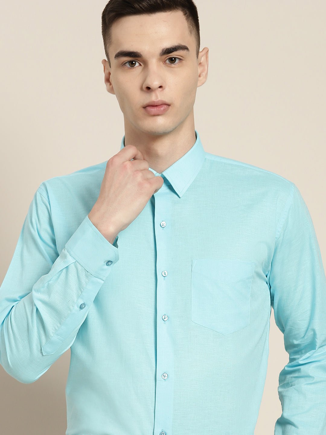 Men Sky Blue Solid Linen Cotton Slim fit Formal Shirt - #folk republic#