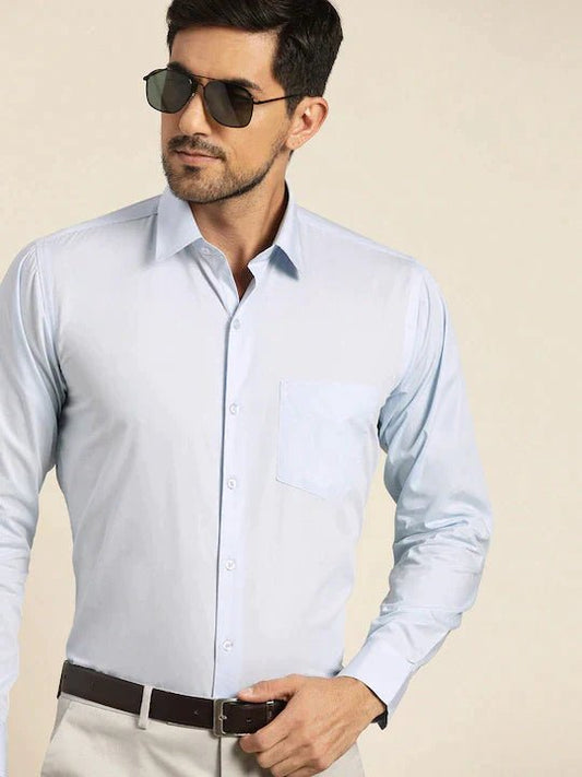 Men Sky Blue Solid Pure Cotton Slim Fit Formal Shirt - #folk republic#