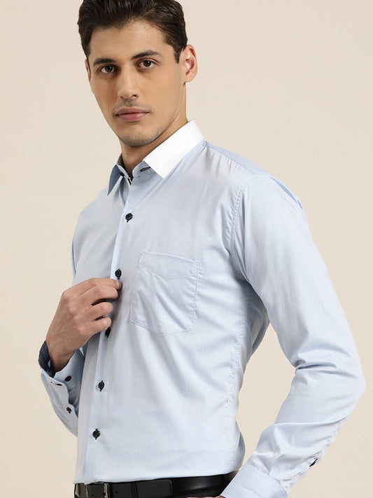 Men Sky Blue Solid White Collar Pure Cotton Slim Fit Formal Shirt - #folk republic#