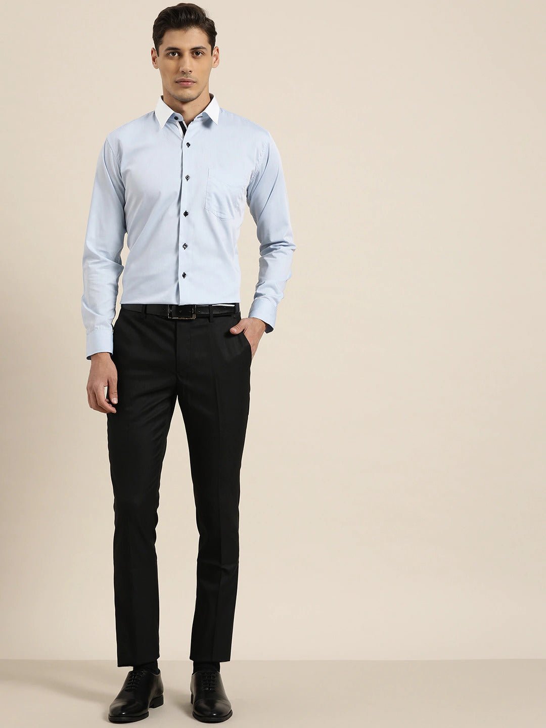 Men Sky Blue Solid White Collar Pure Cotton Slim Fit Formal Shirt - #folk republic#