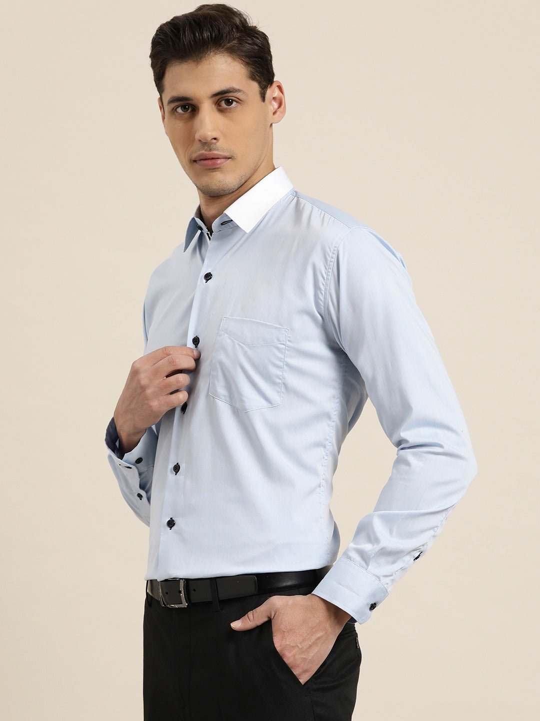 Men Sky Blue Solid White Collar Pure Cotton Slim Fit Formal Shirt - #folk republic#