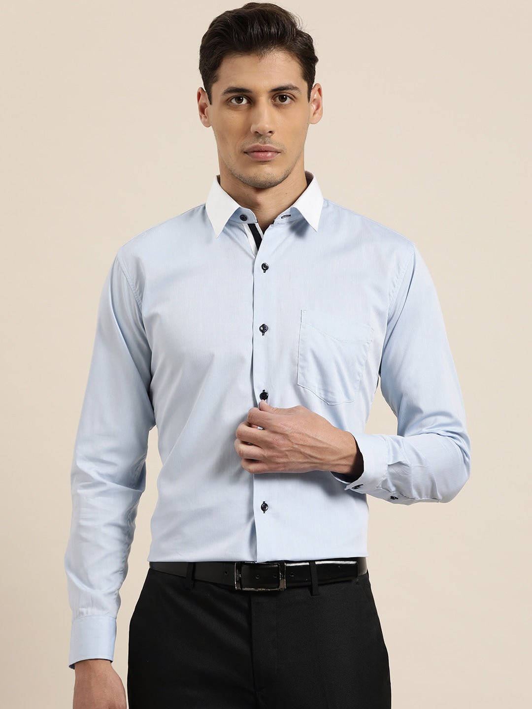 Men Sky Blue Solid White Collar Pure Cotton Slim Fit Formal Shirt - #folk republic#