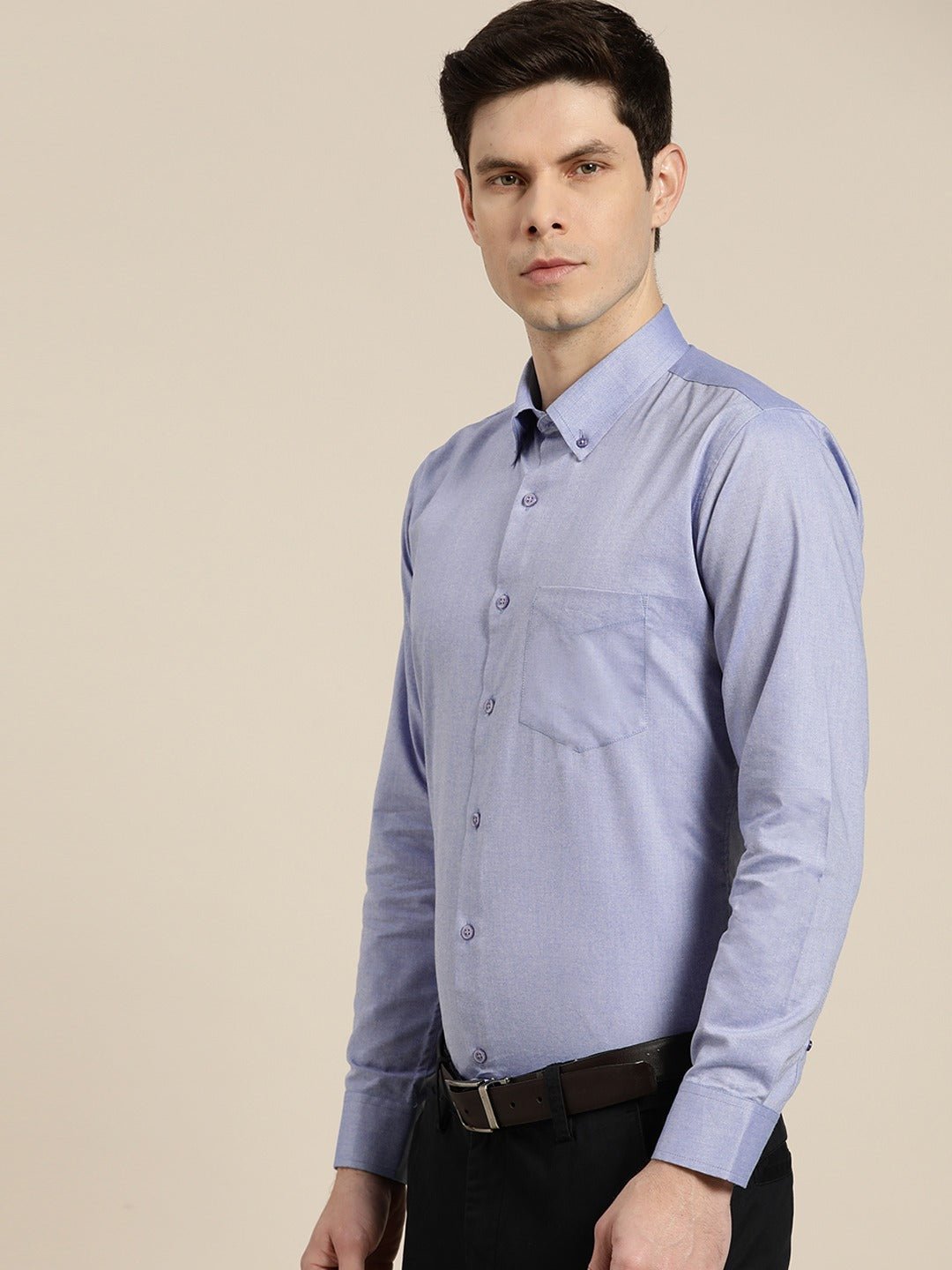 Men Sky Solid Chambray Button Down Collar Slim Fit Formal Shirt - #folk republic#