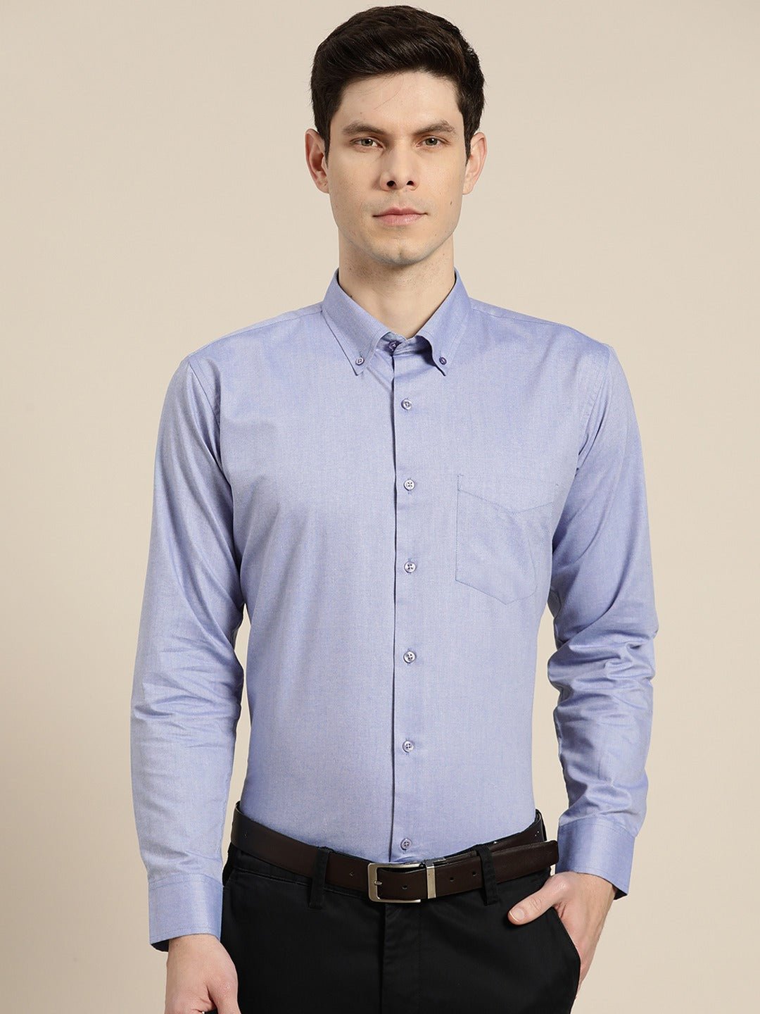 Men Sky Solid Chambray Button Down Collar Slim Fit Formal Shirt - #folk republic#