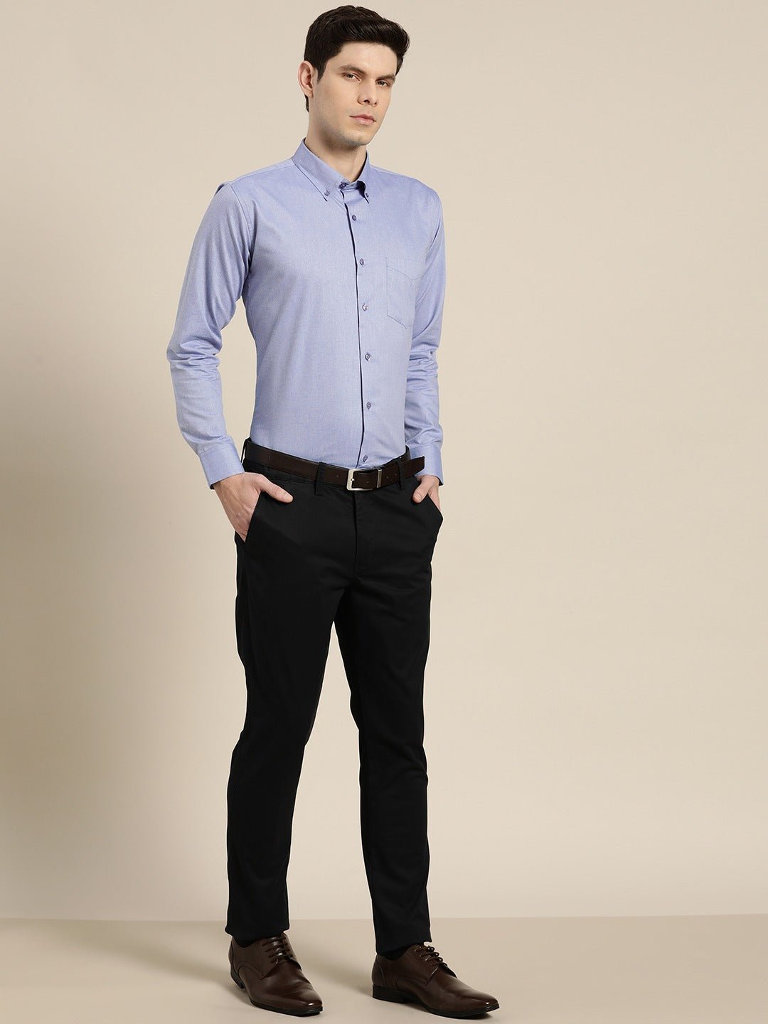Men Sky Solid Chambray Button Down Collar Slim Fit Formal Shirt - #folk republic#