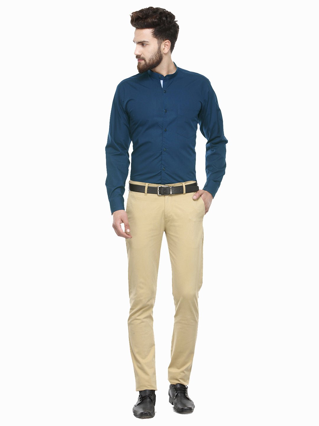 Men Turquoise Blue Mandarin Collar Slim Fit Pure Cotton Formal Shirt - #folk republic#