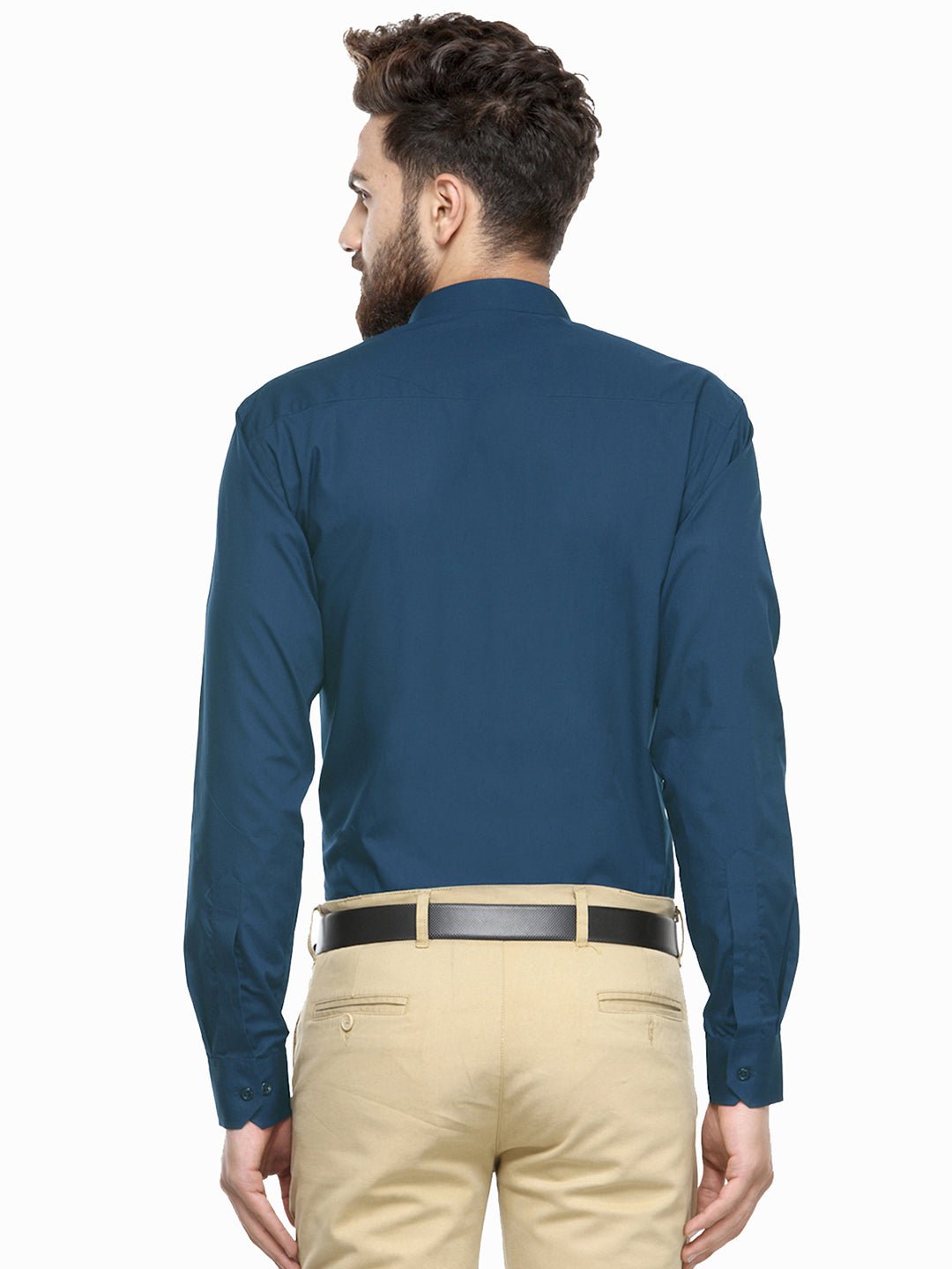 Men Turquoise Blue Mandarin Collar Slim Fit Pure Cotton Formal Shirt - #folk republic#