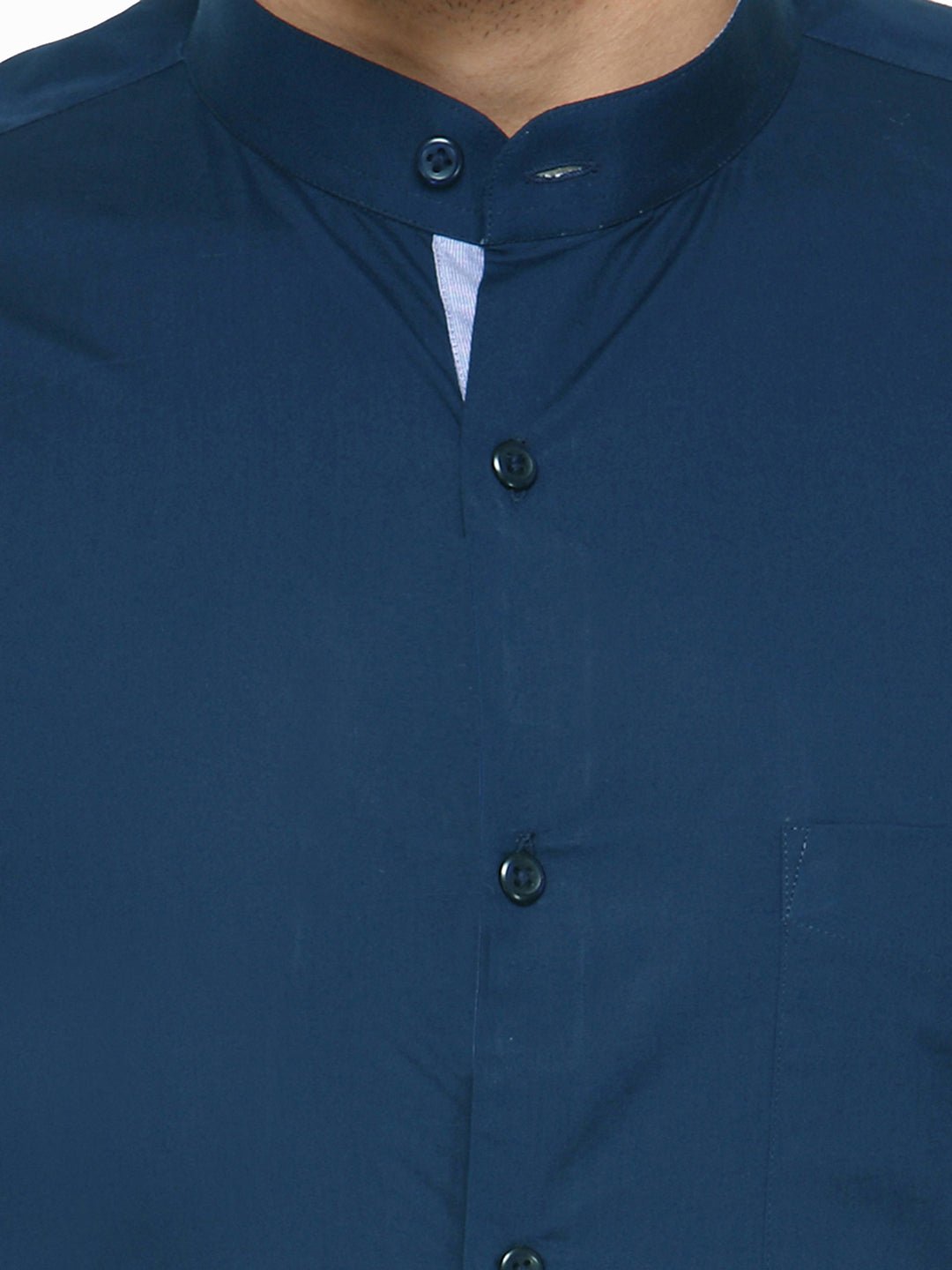 Men Turquoise Blue Mandarin Collar Slim Fit Pure Cotton Formal Shirt - #folk republic#