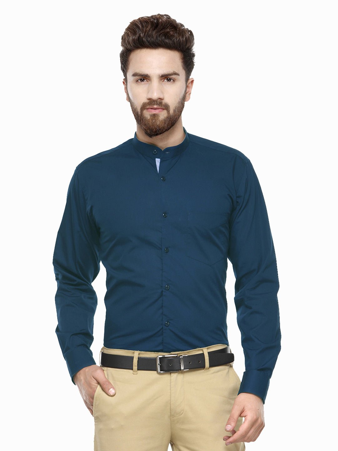 Men Turquoise Blue Mandarin Collar Slim Fit Pure Cotton Formal Shirt - #folk republic#