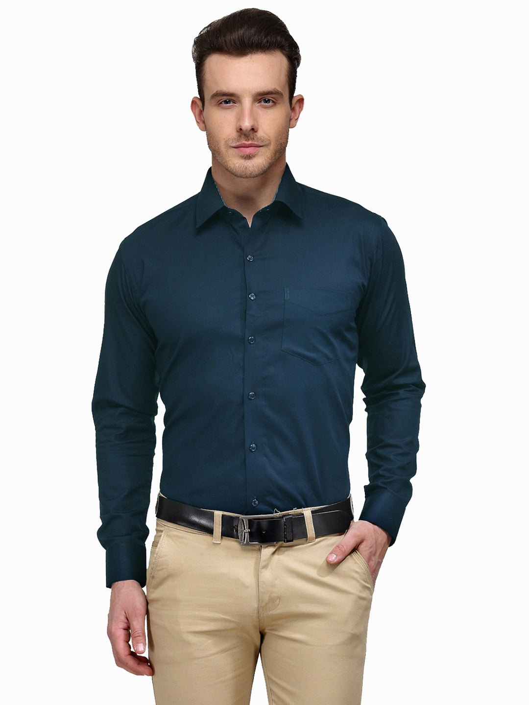 Men Turquoise Blue Solid Slim Fit Pure Cotton Formal Shirt - #folk republic#