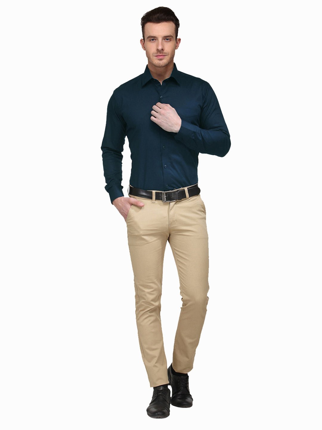 Men Turquoise Blue Solid Slim Fit Pure Cotton Formal Shirt - #folk republic#