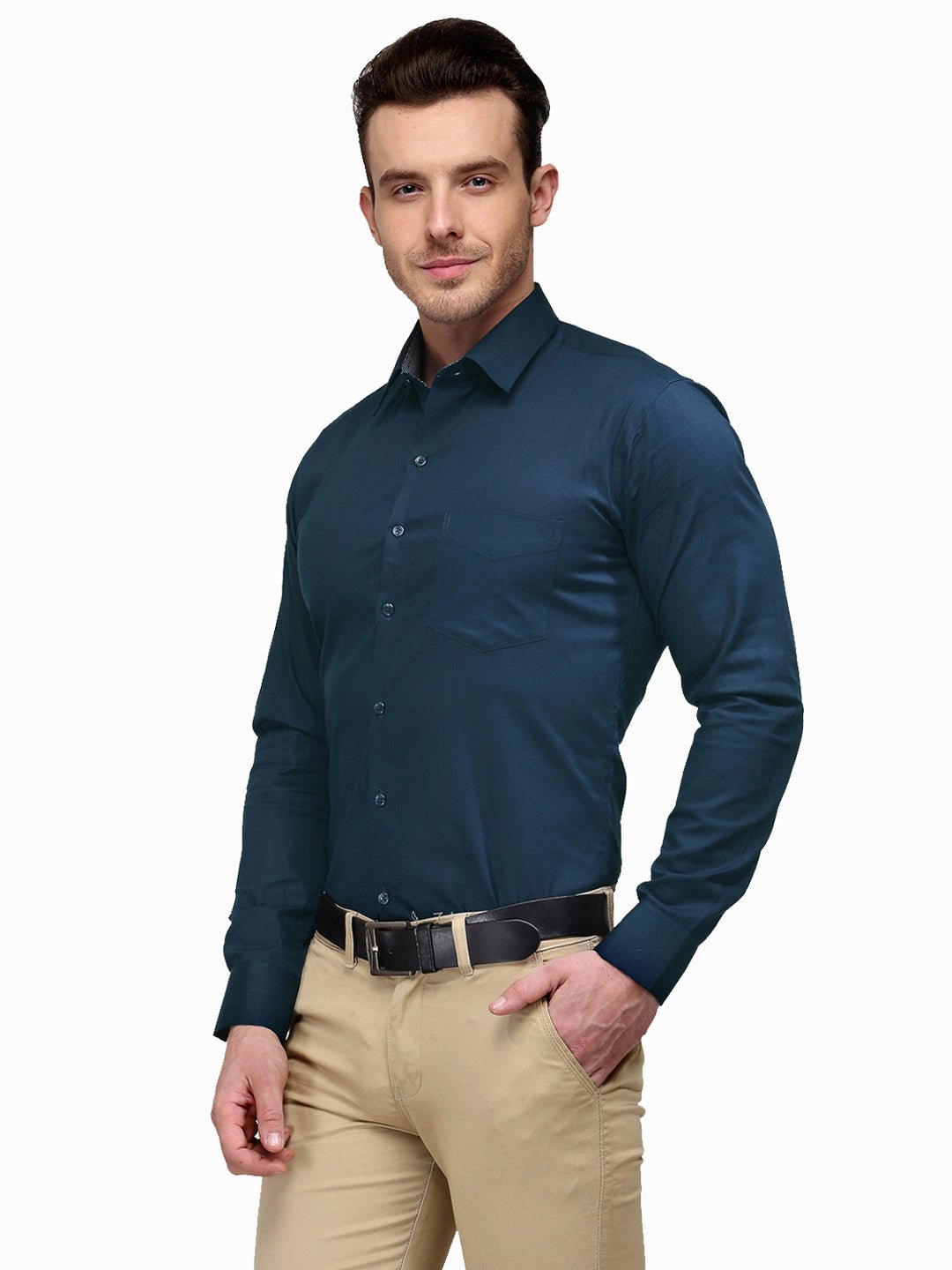 Men Turquoise Blue Solid Slim Fit Pure Cotton Formal Shirt - #folk republic#