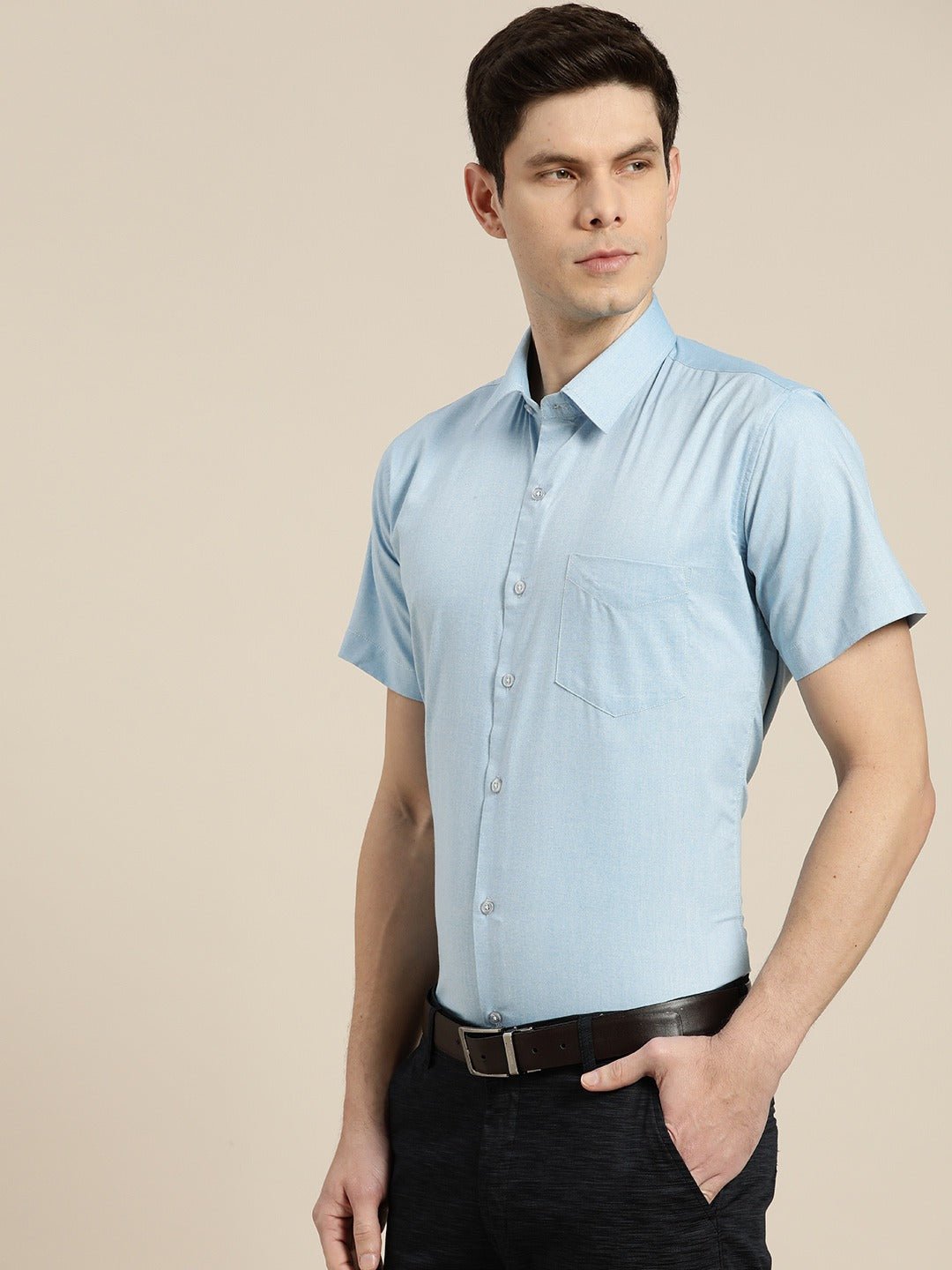 Men Turquoise Blue Solids Cotton Rich Slim Fit Formal Shirt - #folk republic#