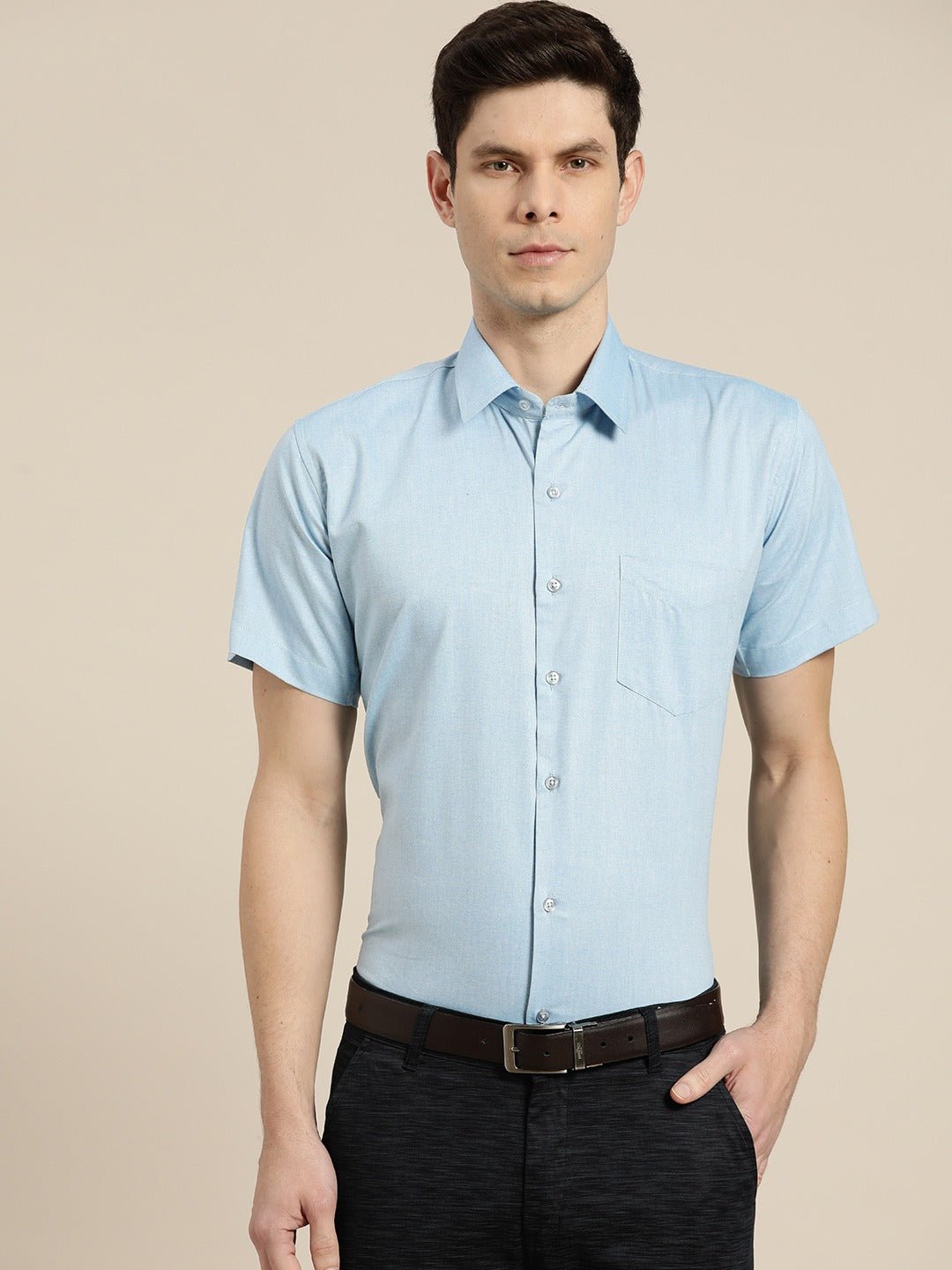 Men Turquoise Blue Solids Cotton Rich Slim Fit Formal Shirt - #folk republic#