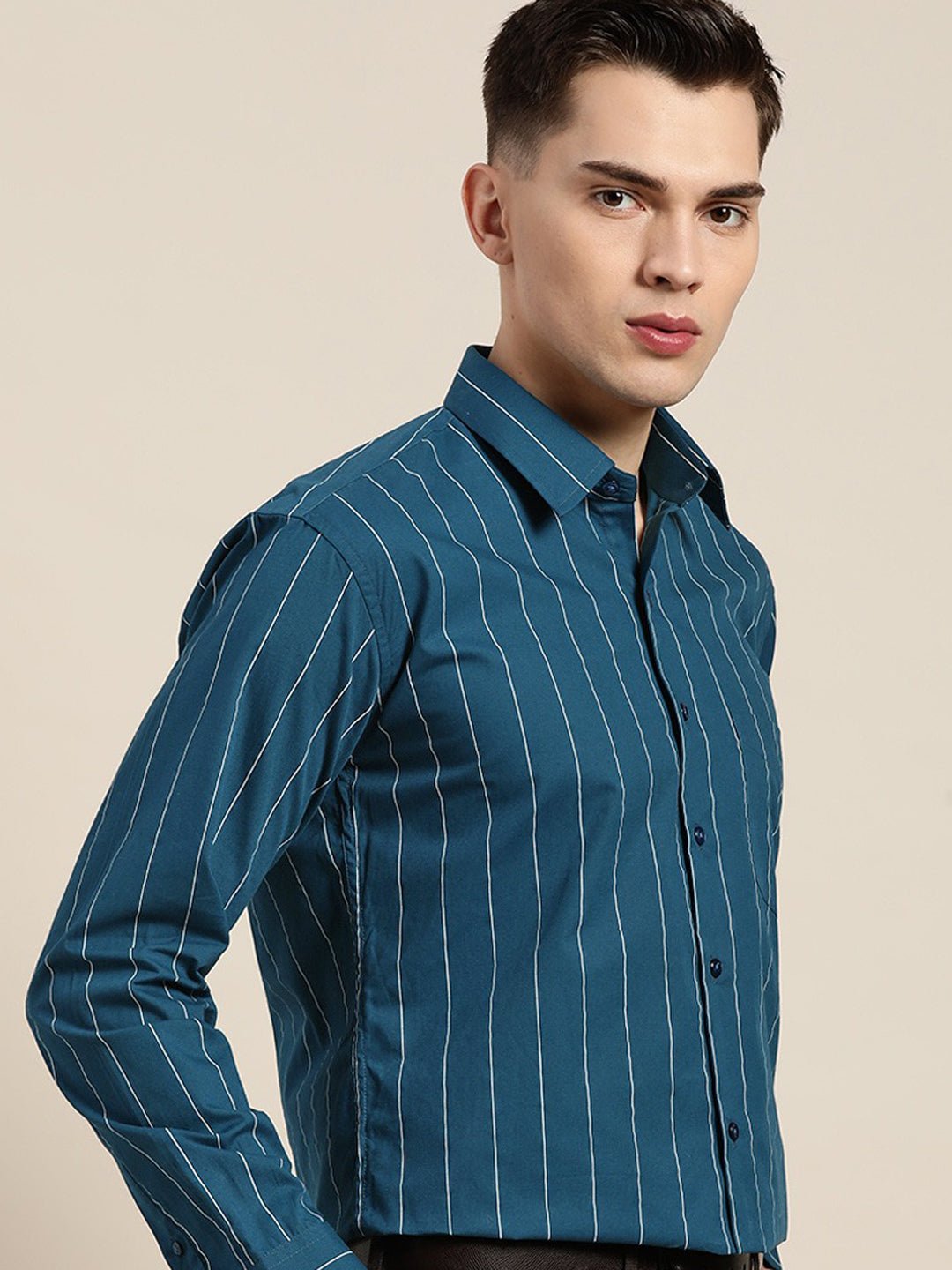 Men Turquoise Blue Stripes Pure Cotton Slim Fit Formal Shirt - #folk republic#