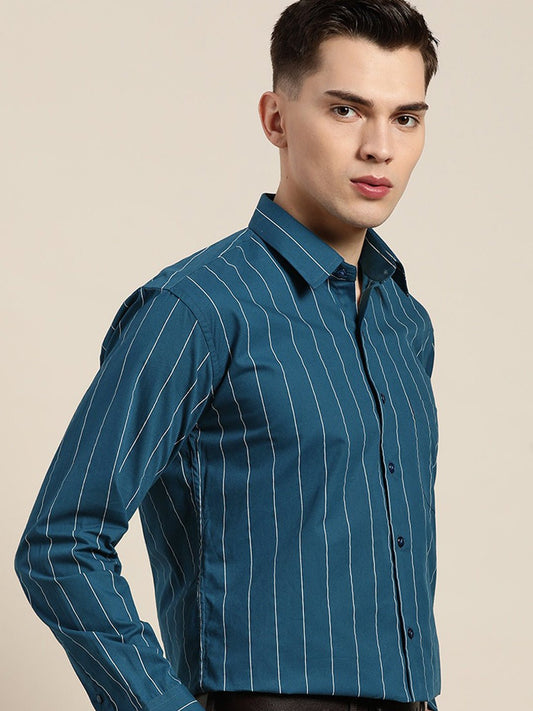 Men Turquoise Blue Stripes Pure Cotton Slim Fit Formal Shirt - #folk republic#
