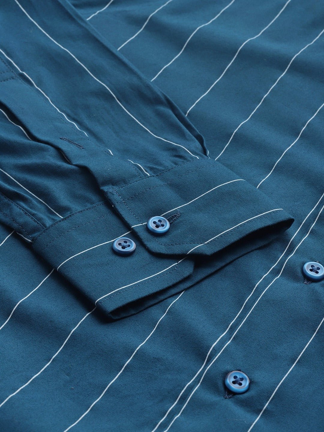 Men Turquoise Blue Stripes Pure Cotton Slim Fit Formal Shirt - #folk republic#