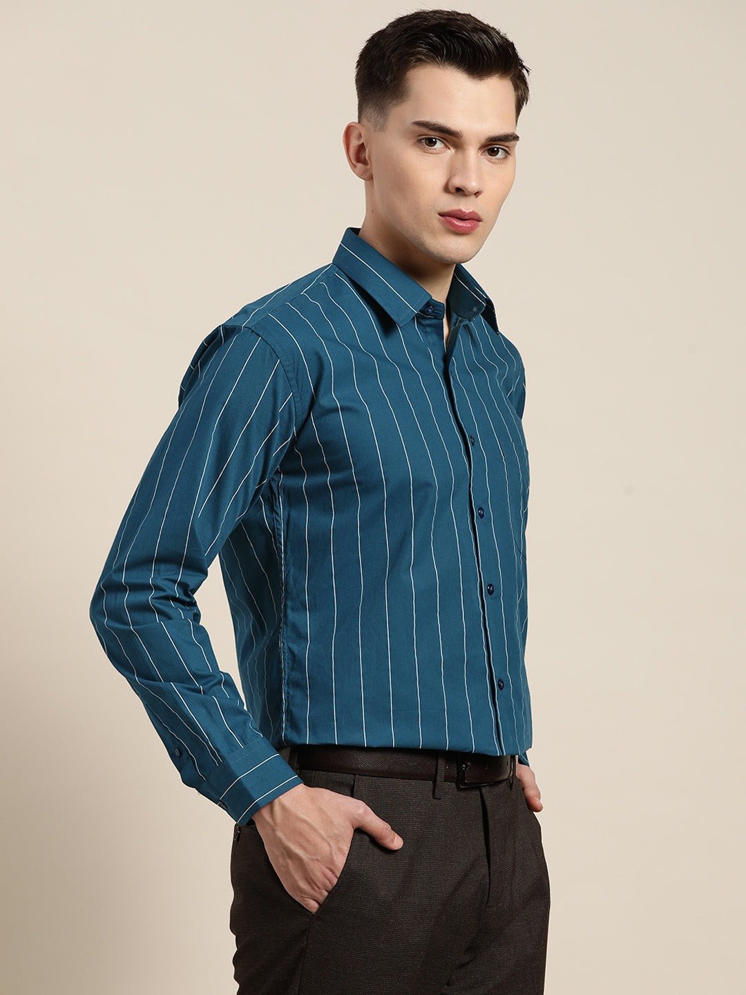 Men Turquoise Blue Stripes Pure Cotton Slim Fit Formal Shirt - #folk republic#