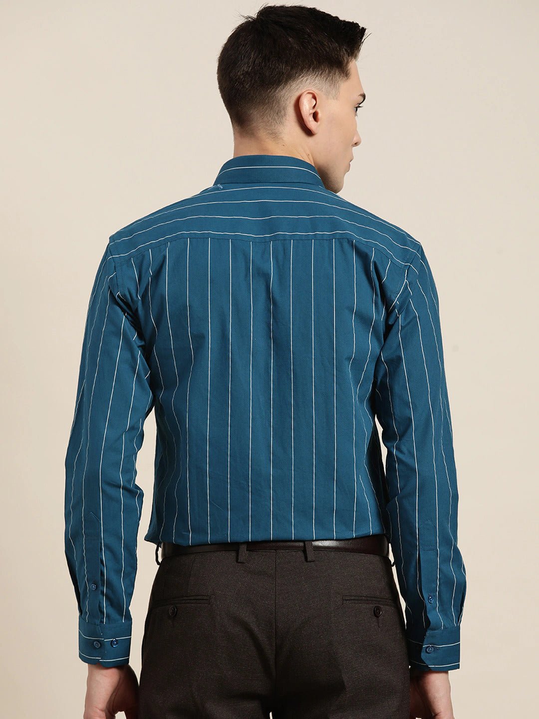 Men Turquoise Blue Stripes Pure Cotton Slim Fit Formal Shirt - #folk republic#