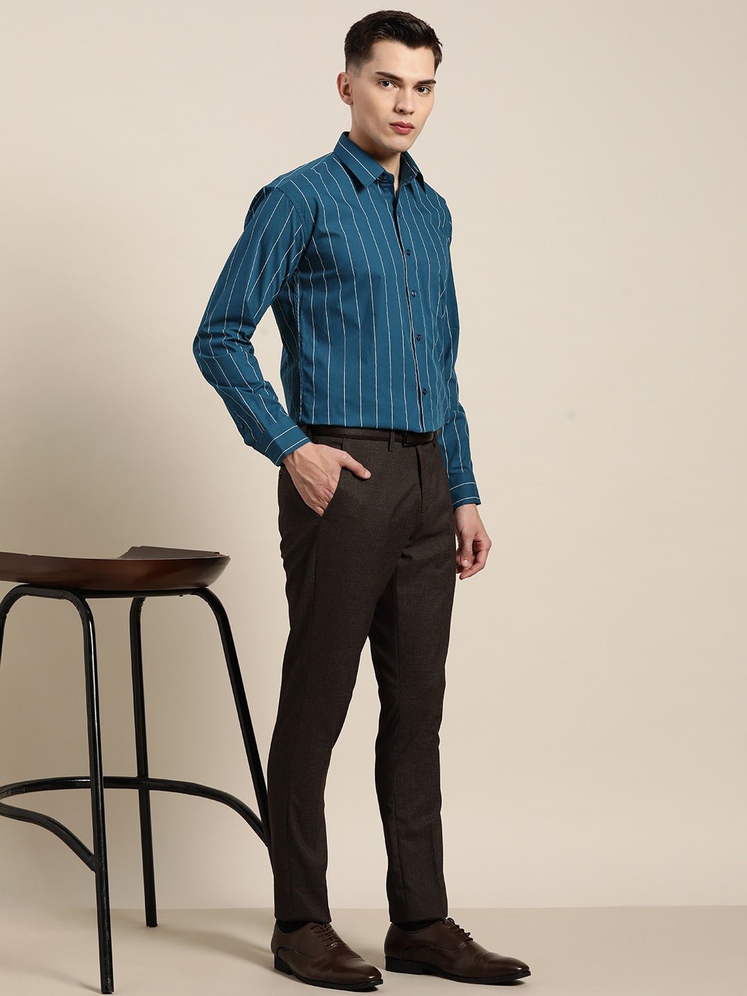 Men Turquoise Blue Stripes Pure Cotton Slim Fit Formal Shirt - #folk republic#