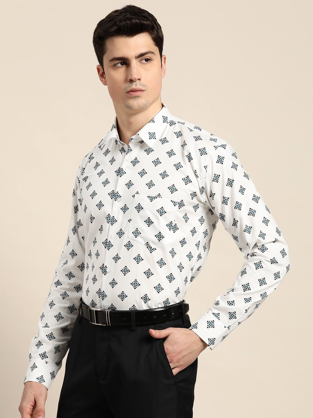 Men White & Black Print Pure Cotton Slim fit Party Shirt - #folk republic#