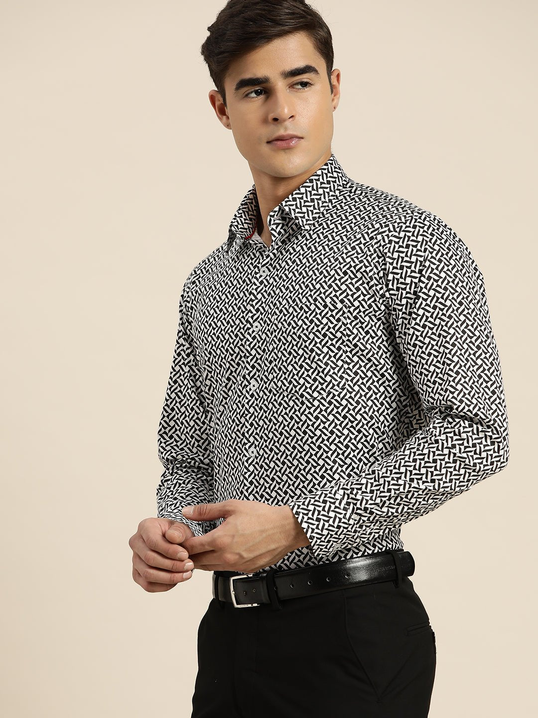 Men White & Black Print Pure Cotton Slim fit Party Shirt - #folk republic#