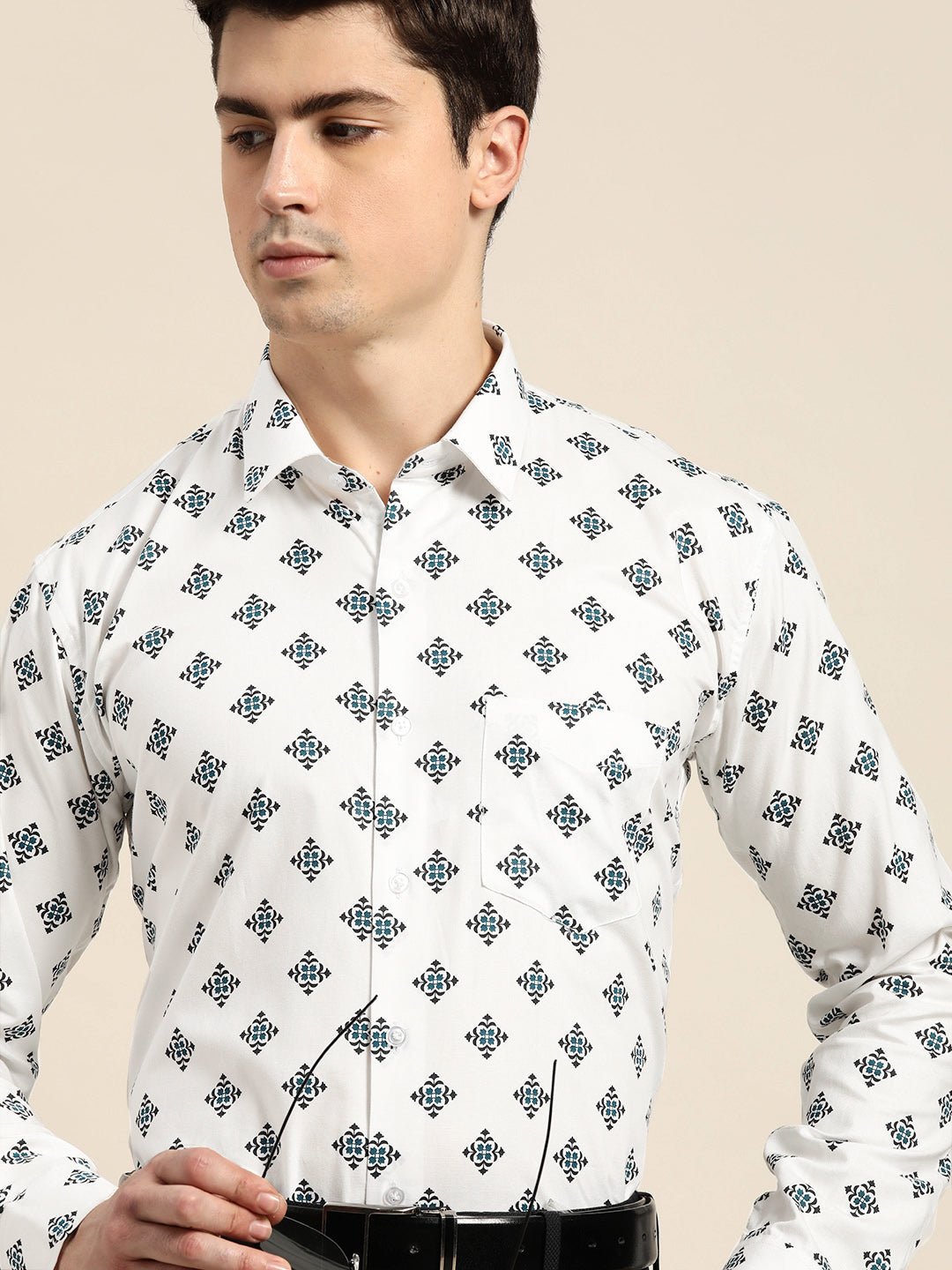 Men White & Black Print Pure Cotton Slim fit Party Shirt - #folk republic#