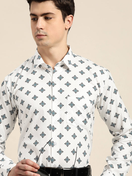 Men White & Black Print Pure Cotton Slim fit Party Shirt - #folk republic#