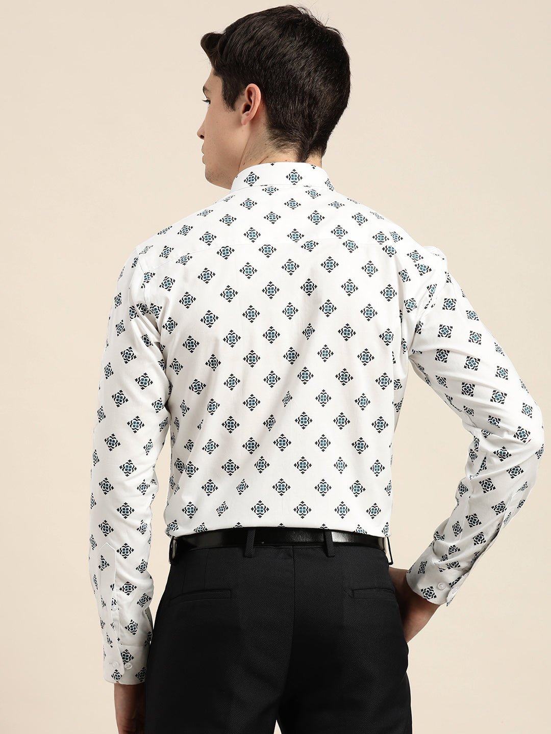 Men White & Black Print Pure Cotton Slim fit Party Shirt - #folk republic#