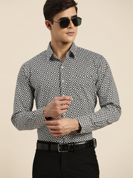 Men White & Black Print Pure Cotton Slim fit Party Shirt - #folk republic#