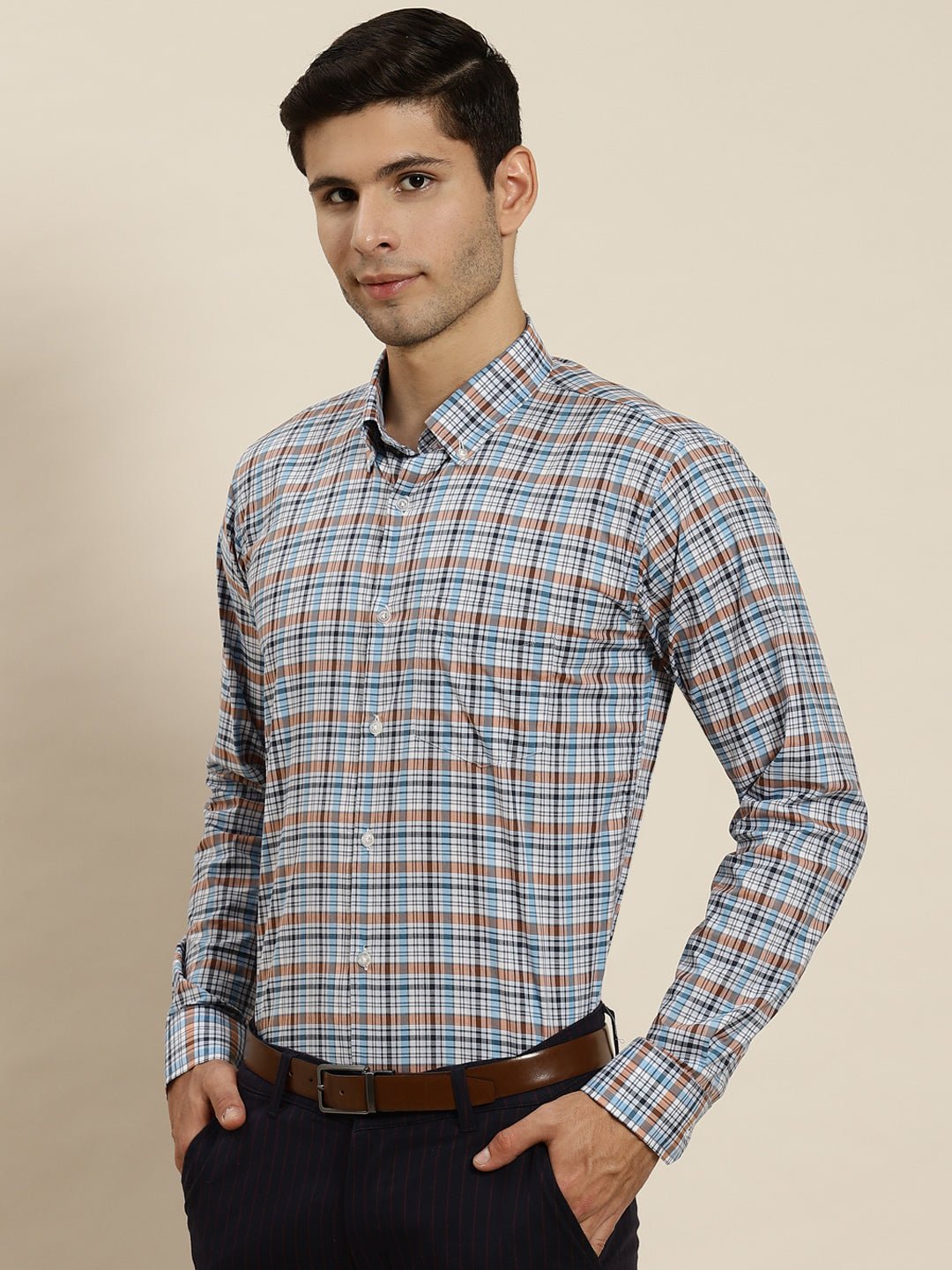 Men White & Blue Checked Pure Cotton Slim Fit Formal Shirt - #folk republic#