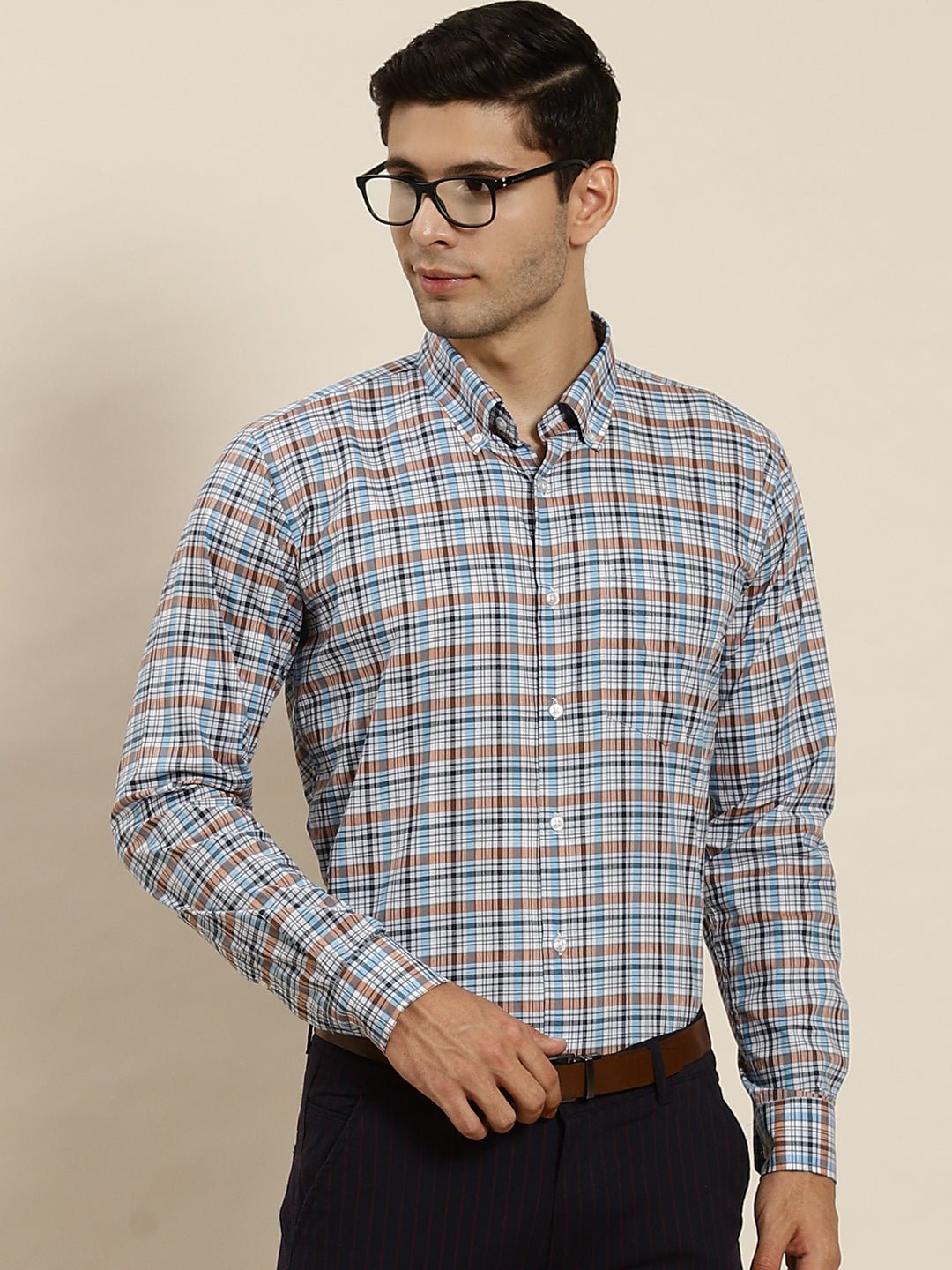 Men White & Blue Checked Pure Cotton Slim Fit Formal Shirt - #folk republic#