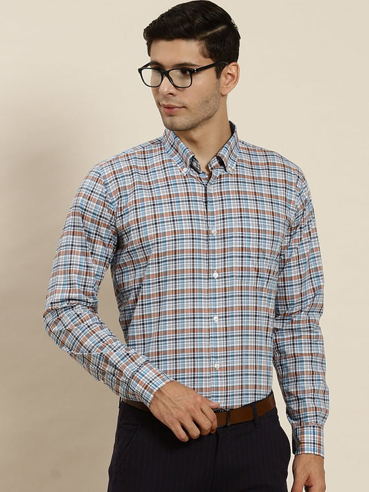 Men White & Blue Checked Pure Cotton Slim Fit Formal Shirt - #folk republic#