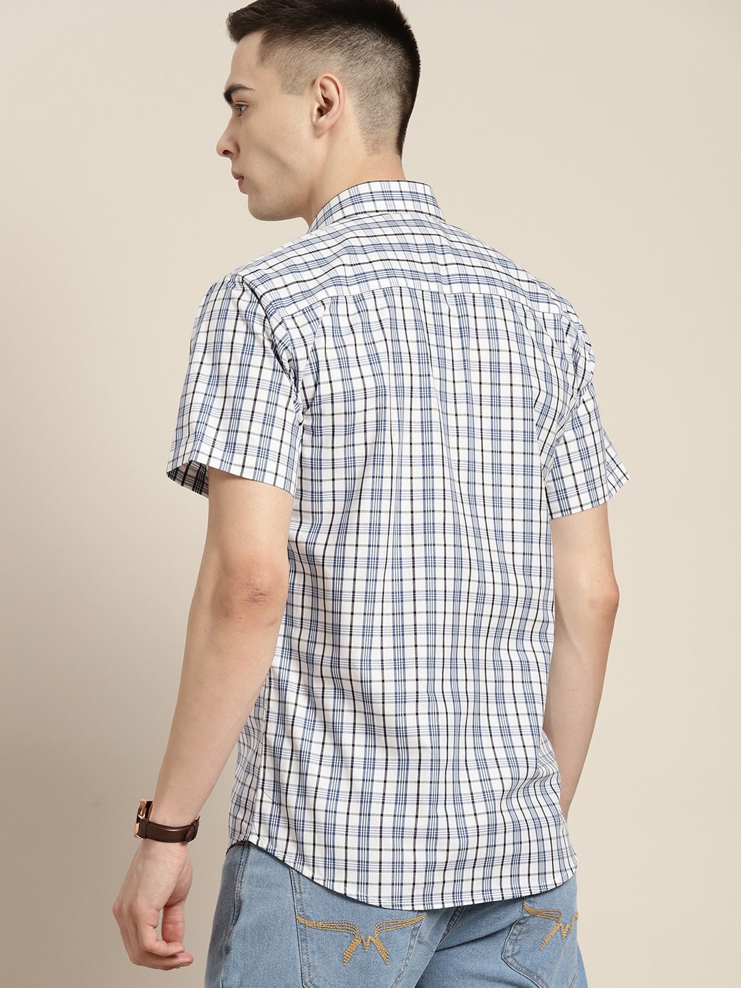 Men White & Blue Checks Pure Cotton Slim fit Casual Shirt - #folk republic#