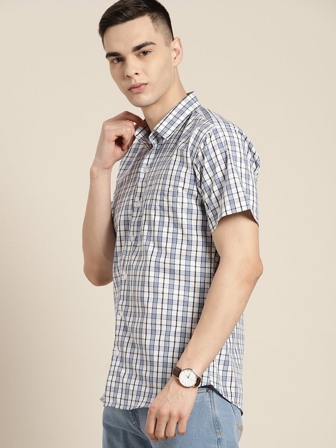 Men White & Blue Checks Pure Cotton Slim fit Casual Shirt - #folk republic#