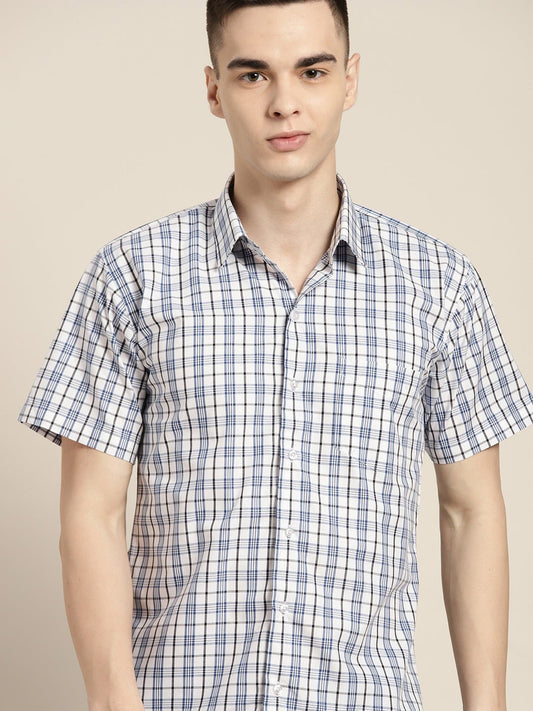 Men White & Blue Checks Pure Cotton Slim fit Casual Shirt - #folk republic#