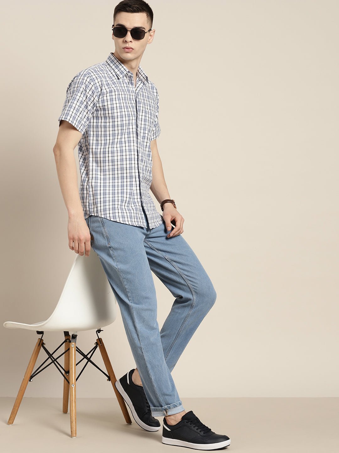 Men White & Blue Checks Pure Cotton Slim fit Casual Shirt - #folk republic#