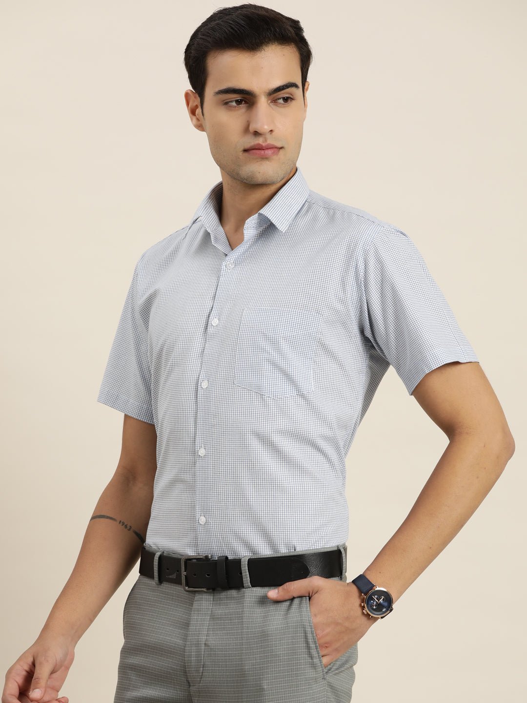 Men White & Blue Checks Pure Cotton Slim fit Formal Shirt - #folk republic#
