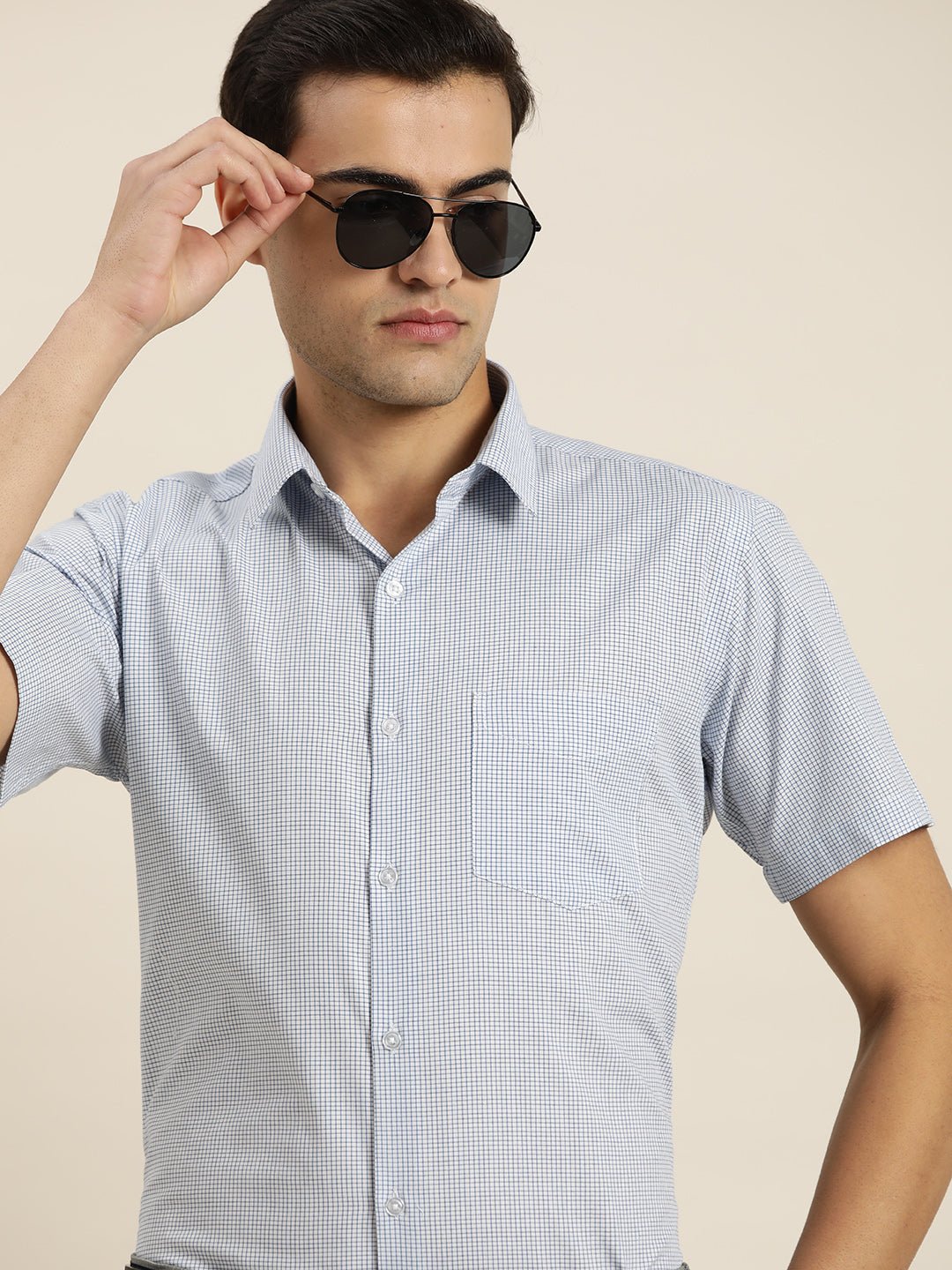 Men White & Blue Checks Pure Cotton Slim fit Formal Shirt - #folk republic#