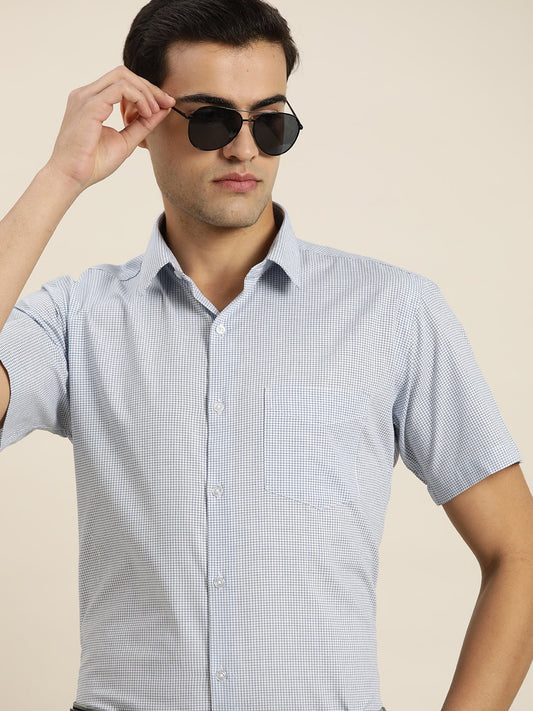 Men White & Blue Checks Pure Cotton Slim fit Formal Shirt - #folk republic#