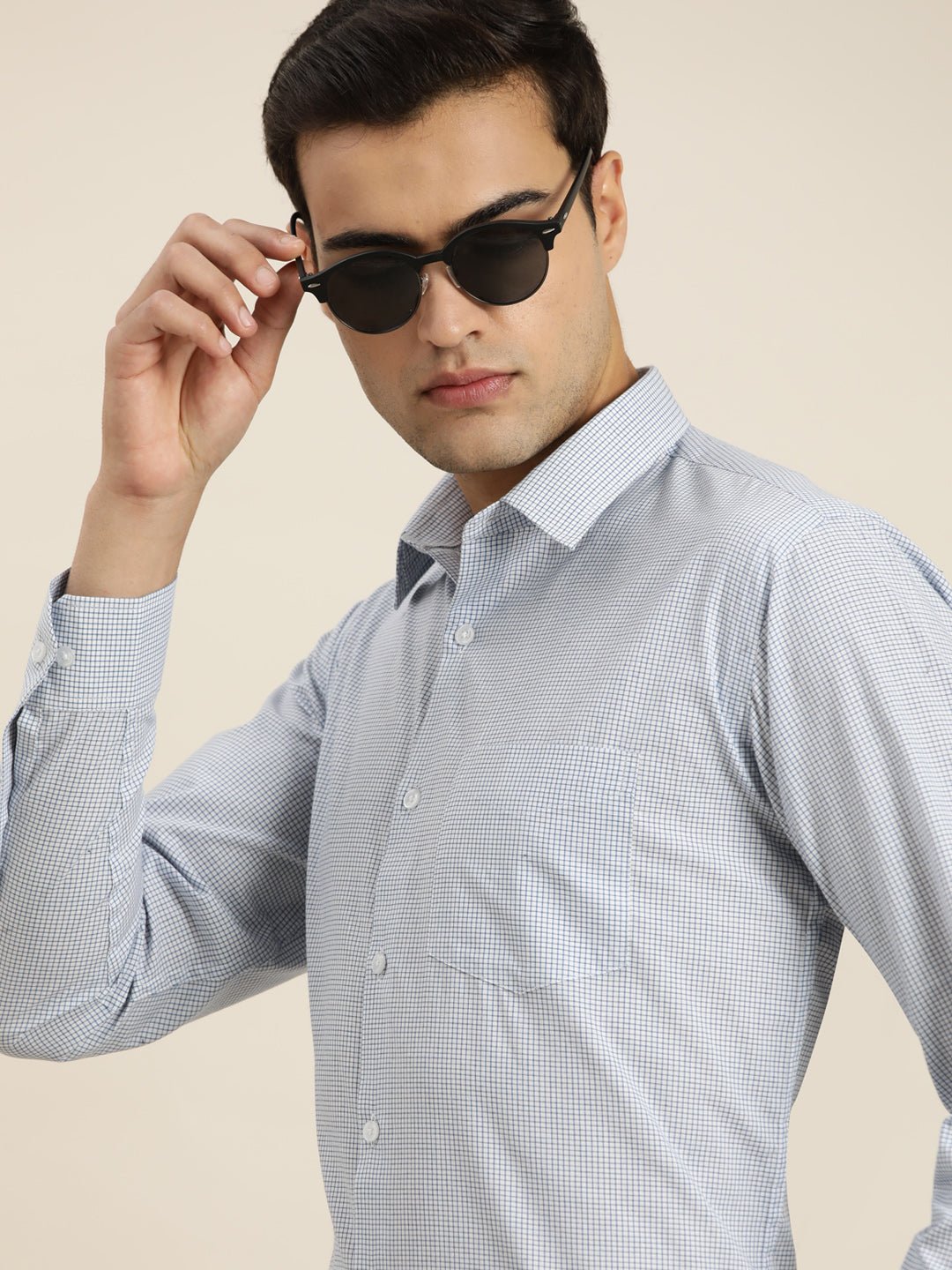 Men White & Blue Checks Pure Cotton Slim fit Formal Shirt - #folk republic#