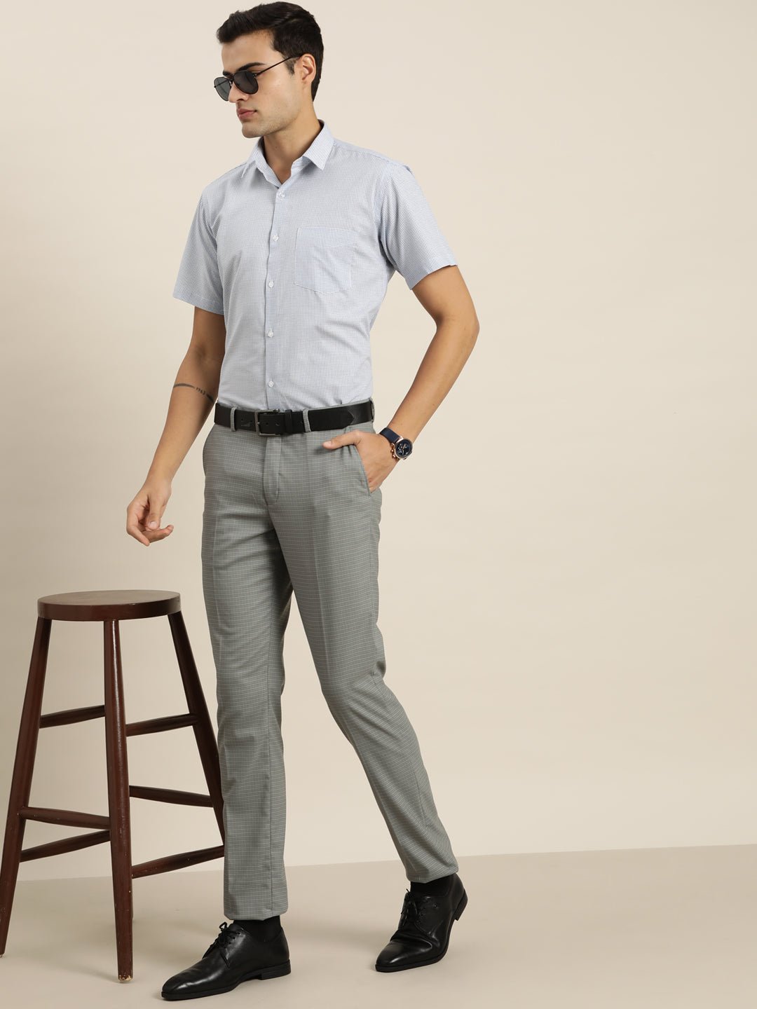 Men White & Blue Checks Pure Cotton Slim fit Formal Shirt - #folk republic#