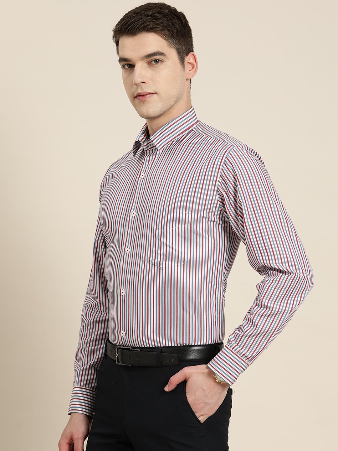 Men White & Blue Stripes Pure Cotton Slim fit Formal Shirt - #folk republic#