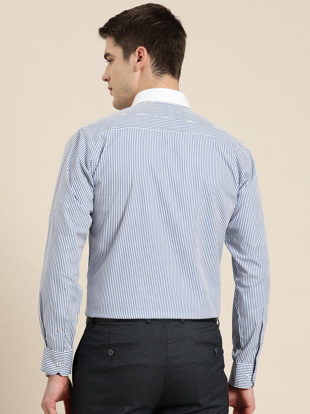 Men White & Blue Stripes Pure Cotton Slim fit Formal Shirt - #folk republic#